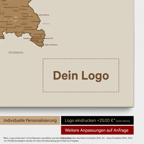 Deutschland-Karte als Pinn-Leinwand in Bronze mit Eindruck eines Firmenlogos