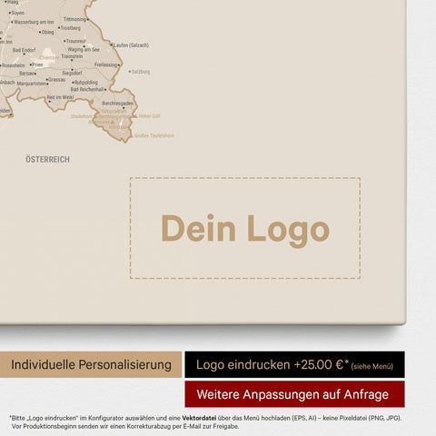 Deutschland-Karte als Pinn-Leinwand in Gold mit Eindruck eines Firmenlogos