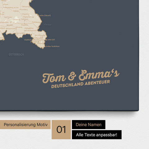 Deutschland-Karte als Pinnwand Leinwand in Hale Navy (Dunkelblau-Gold) mit Personalisierung und Eindruck mit deinem Namen