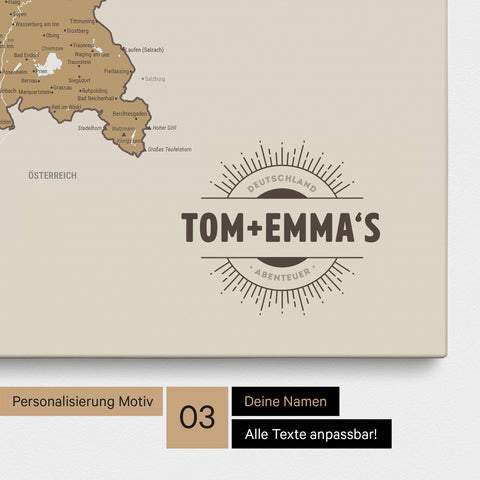 Deutschland-Karte als Pinn-Leinwand in Multicolor Beige mit eingedruckten Namen als Logo in Form einer Sonne