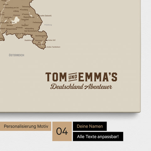 Deutschland-Karte als Pinn-Leinwand in Multicolor Brown mit eingedruckten Logo im Vintage-Look