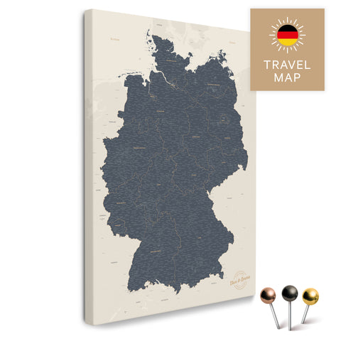 Deutschland-Karte in Navy Light als Pinnwand Leinwand zum Pinnen und Markieren von Reisezielen kaufen
