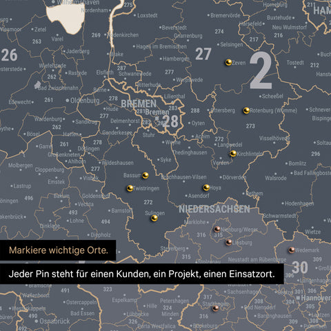 Detail einer Deutschland-Karte als Pinn-Leinwand in Navy Light mit Postleitzahlen von Schleswig-Holstein