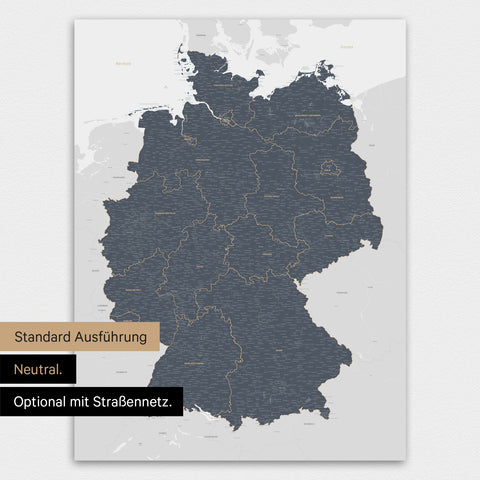 Neutrale und schlichte Standard-Ausführung einer Deutschland-Karte als Poster in Denim Blue