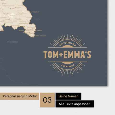 Deutschland-Karte als Poster in Hale Navy mit eingedruckten Namen als Logo in Form einer Sonne