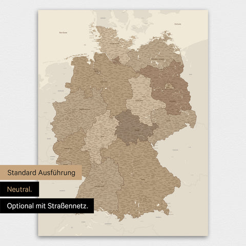 Tysklandskort TRAVEL® Premium plakat – Multifarvet Brun