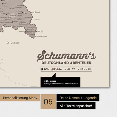 Poster einer Deutschland-Karte in Warmgray mit Personalisierung als Logo mit Familiennamen