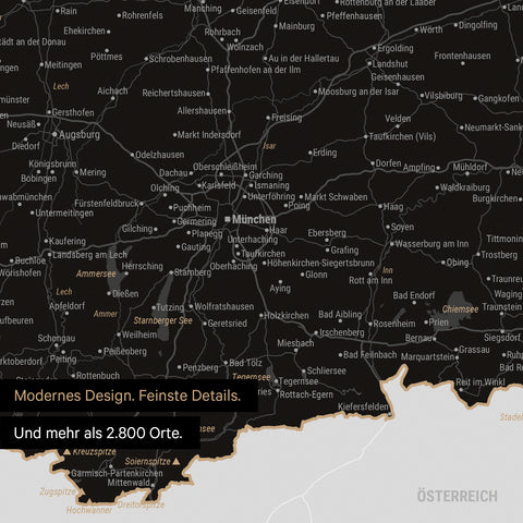 Ausschnitte einer Deutschlandkarte mit Bayern als Poster in Light Black mit Bergen, Seen und 2.500 Orten