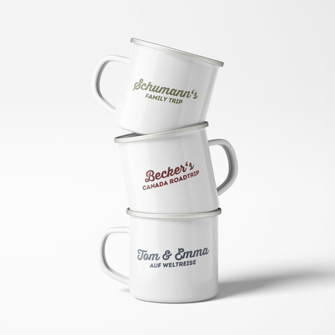 Emaille-Tasse mit Personalisierung und silbernem Edelstahlrand