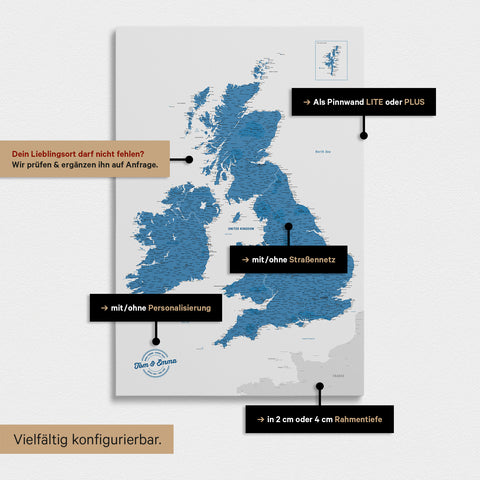Vielfältige Konfigurationsmöglichkeiten einer England- & Großbritannien-Karte in Blau