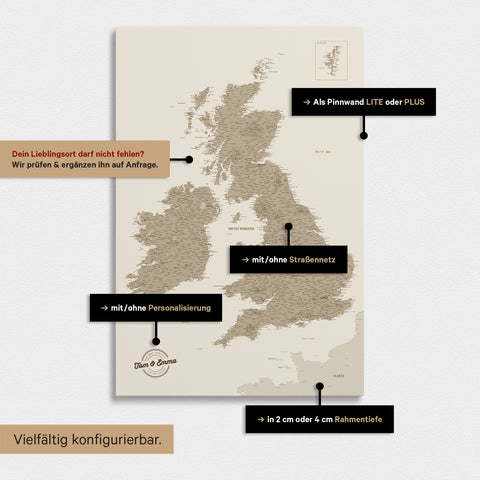 Vielfältige Konfigurationsmöglichkeiten einer England- & Großbritannien-Karte in Desert Sand