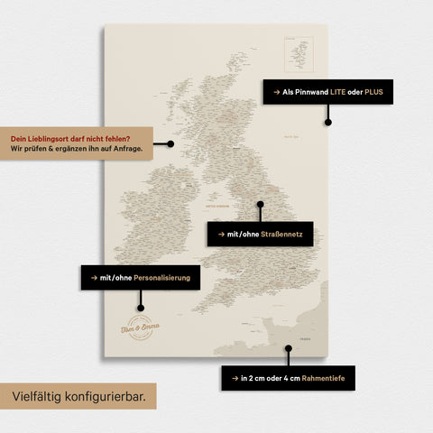 Vielfältige Konfigurationsmöglichkeiten einer England- & Großbritannien-Karte in Gold