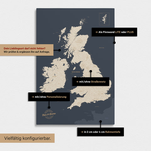Vielfältige Konfigurationsmöglichkeiten einer England- & Großbritannien-Karte in Hale Navy (Blau-Gold)