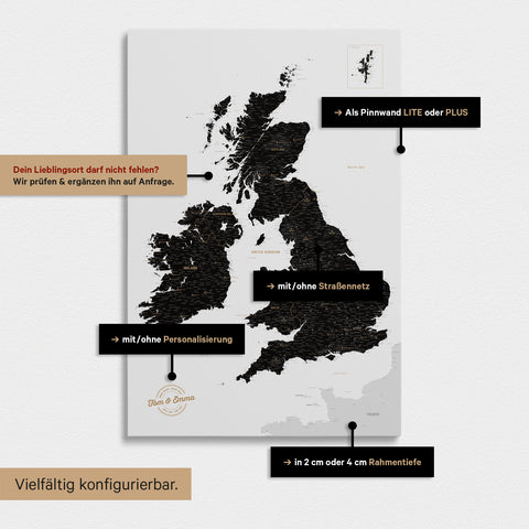 Vielfältige Konfigurationsmöglichkeiten einer England- & Großbritannien-Karte in Light Black