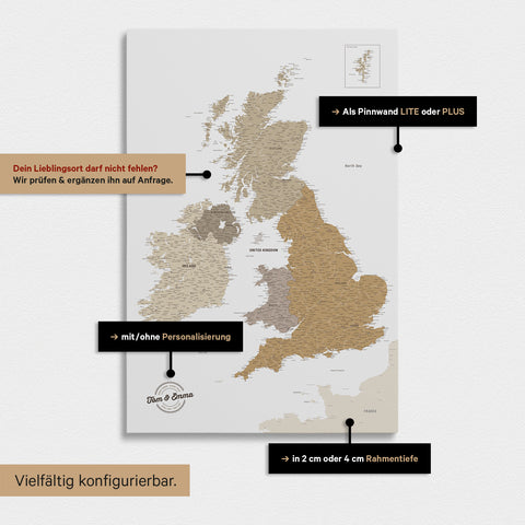 Vielfältige Konfigurationsmöglichkeiten einer England- & Großbritannien-Karte in Multicolor Beige