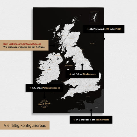 Vielfältige Konfigurationsmöglichkeiten einer England- & Großbritannien-Karte in Schwarz-Weiss