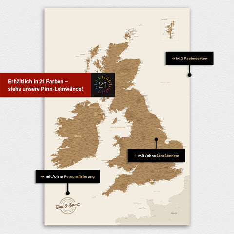 Verschiedene Konfigurationsmöglichkeiten für ein individuelles Poster einer England-Karte