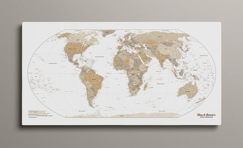 Weltkarte in der Equal-Earth-Projektion, gedruckt auf eine Leinwand zum Pinnen und Markieren von Orten oder als dekoratives Wandbild