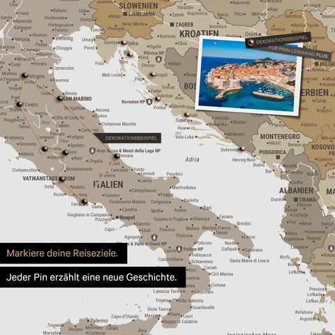 Modern Europe map in the color multicolor beige as a Push Pin Map shows a section of Italy, Croatia, and Greece, with already visited travel destinations marked by pins