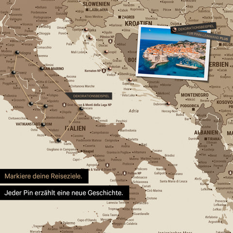 Modern Europe map in the color multicolor brown as a Push Pin Map shows a section of Italy, Croatia, and Greece, where already visited travel destinations are marked with pins