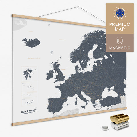Magnetische Europakarte Magnet-Poster in der Farbe Denim Blue in modernem, minimalistischen Design zum Pinnen und Markieren von Reisezielen kaufen