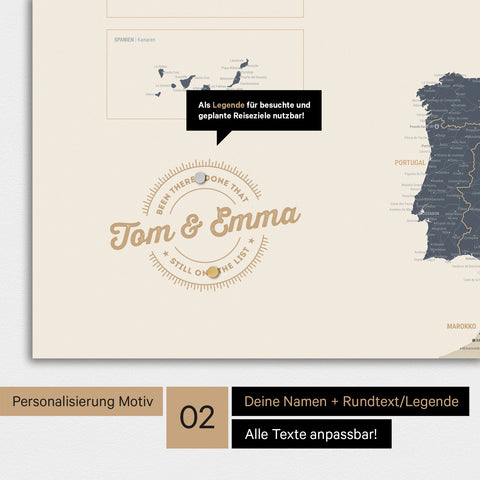 Personalisierte Europakarte als Magnet-Poster in Navy Light mit rundem Logo, das eine Legende für bereits besuchte Reiseziele beinhaltet