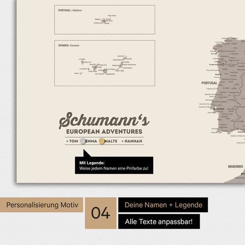 Europakarte als Magnet-Poster in Warmgray (Braun-Grau) mit Personalisierung als Logo mit Familiennamen und Legende