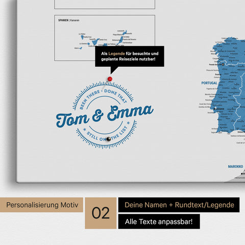 Europakarte Pinn-Leinwand in Blau mit Personalisierung als rundes Logo, das eine Legende für bereits besuchte Reiseziele im Rundtext beinhaltet