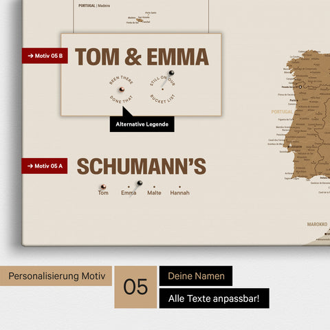Europa-Karte in einem modernen Design in Bronze als Pinn-Leinwand mit Personalisierung als Logo mit einer Weltkugel