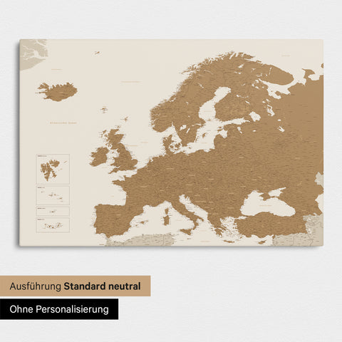 Neutrale Standard Ausführung der detaillierten Europakarte als Pinnwand Leinwand in Bronze ohne Personalisierung