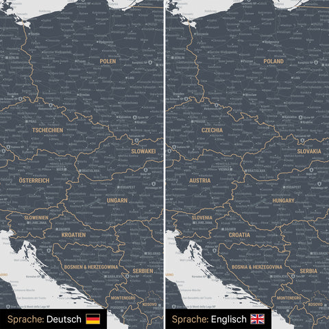 Europa Landkarte Design in Denim Blue wahlweise in deutscher oder englischer Sprache