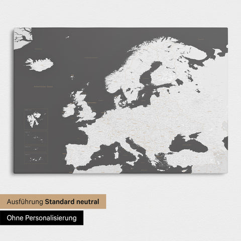 Neutrale Standard Ausführung der detaillierten Europakarte als Pinnwand Leinwand in Dunkelgrau ohne Personalisierung