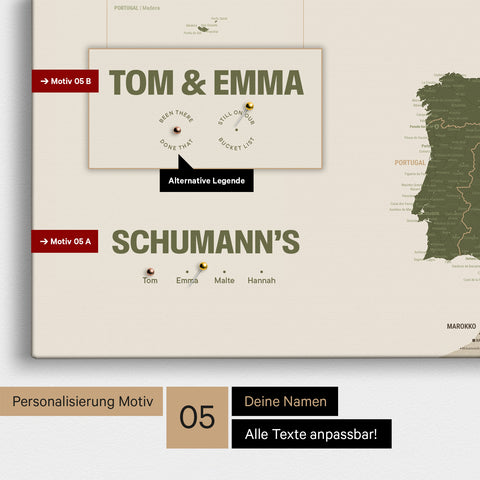 Europa-Karte in einem modernen Design in Olive Grün als Pinn-Leinwand mit Personalisierung als Logo mit einer Weltkugel