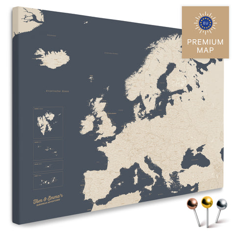 Europakarte in der Farbe Hale Navy (Blau-Gold) in einem modernen, minimalistischem Design als Leinwand zum Pinnen von Reisen und Orten