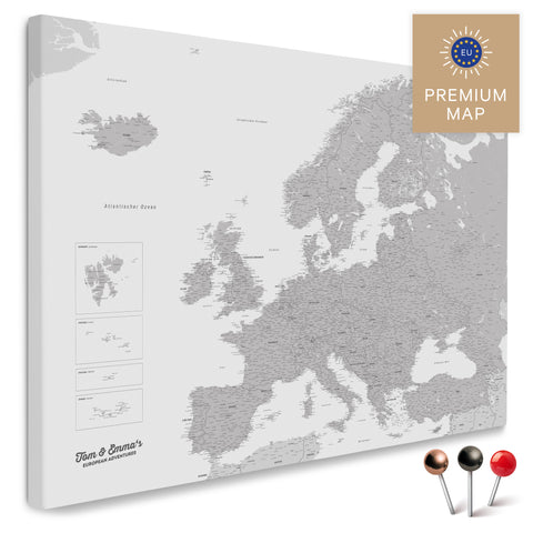 Europakarte in der Farbe Hellgrau in einem modernen, minimalistischem Design als Leinwand zum Pinnen von Reisen und Orten