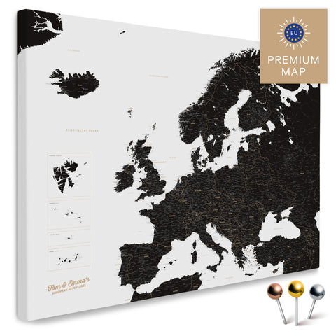 Europakarte in der Farbe Light Black (Weiß-Schwarz) in einem modernen, minimalistischem Design als Leinwand zum Pinnen von Reisen und Orten
