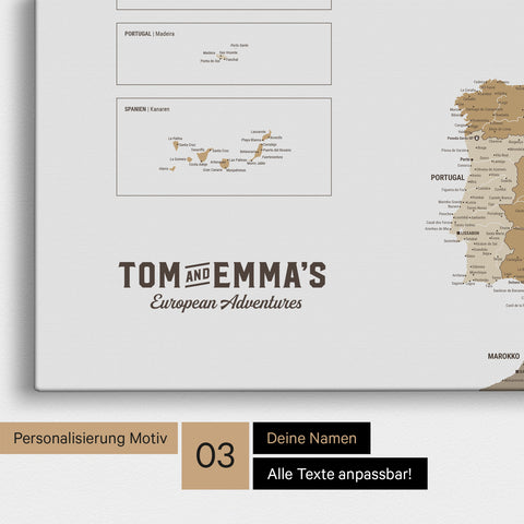 Europe map for pinning in multicolor beige with personalization in vintage style