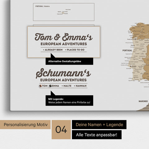 Europe map as canvas in multicolor beige with personalization as logo with family name and legend for places already visited and still want to visit