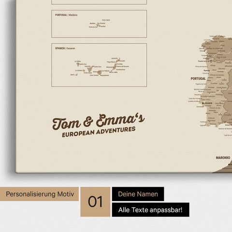 Map of Europe as a pinboard canvas in multicolor brown with personalization and name in a modern script font