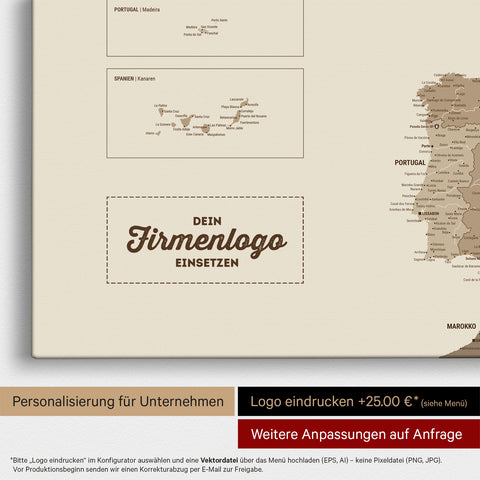 Europe map pinboard in multicolor brown with imprint of a company logo for businesses