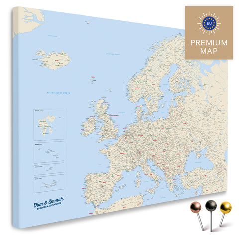 Europakarte in der Farbe Multicolor Classic in einem modernen, minimalistischem Design als Leinwand zum Pinnen von Reisen und Orten
