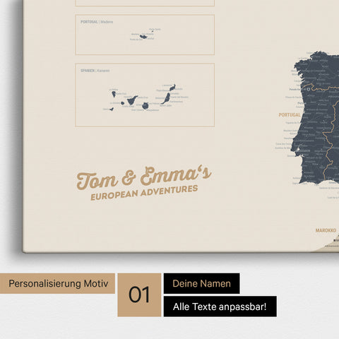 Landkarte von Europa als Pinnwand Leinwand in Navy Light mit Personalisierung und Namen in einer modernen Schreibschrift