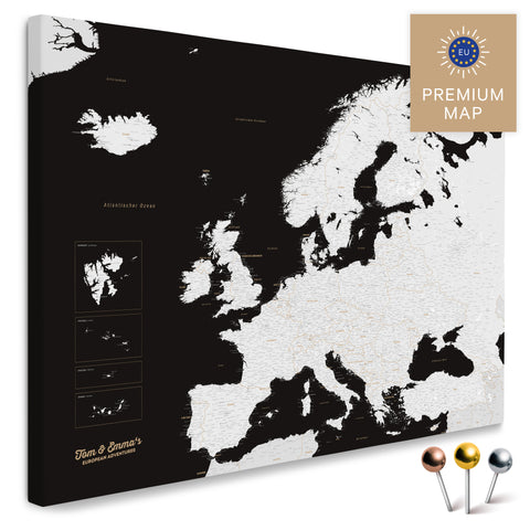 Europakarte in der Farbe Schwarz-Weiss in einem modernen, minimalistischem Design als Leinwand zum Pinnen von Reisen und Orten