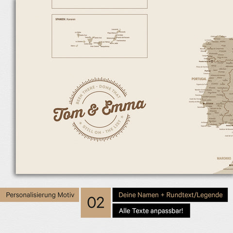 Landkarte von Europa als Poster in Desert Sand (Beige) mit Personalisierung als rundes Logo, das eine Legende für bereits besuchte Reiseziele im Rundtext beinhaltet