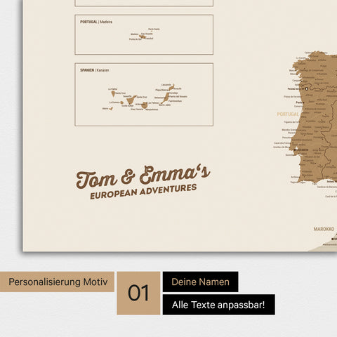Europa Karte als Poster in Bronze mit Personalisierung und Namen in einer modernen Schreibschrift