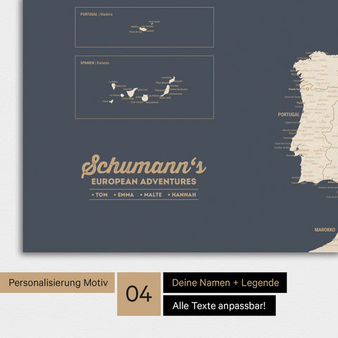 Europakarte als Poster in Hale Navy (Dunkelblau-Gold) mit Personalisierung als Logo mit Familiennamen und Legende für Orte, die man bereits besucht hat und noch besuchen möchte
