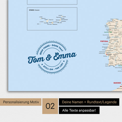 Landkarte von Europa als Poster in Multicolor Classic mit Personalisierung als rundes Logo, das eine Legende für bereits besuchte Reiseziele im Rundtext beinhaltet