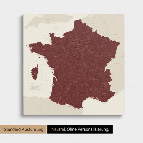 Neutrale Standard Ausführung der detaillierten Frankreich-Karte als Pinnwand Leinwand in Bordeaux Rot ohne Personalisierung
