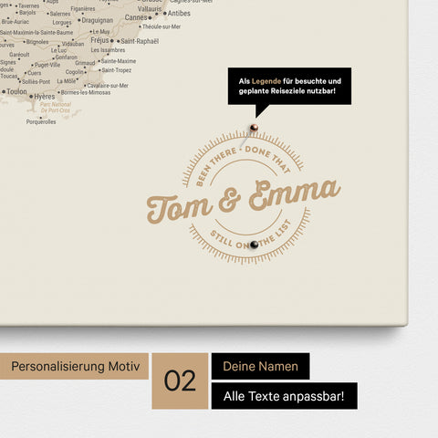 Frankreich-Karte Pinn-Leinwand in Gold mit Personalisierung als rundes Logo, das eine Legende für bereits besuchte Reiseziele im Rundtext beinhaltet