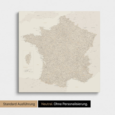 Neutrale Standard Ausführung der detaillierten Frankreich-Karte als Pinnwand Leinwand in Gold ohne Personalisierung